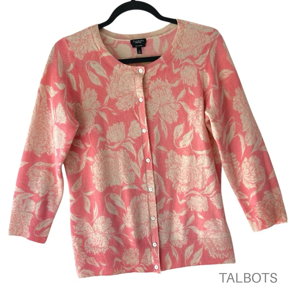 TALBOTS | NWOT | CASHMERE PINK FLORAL CARDIGAN SWEATER | SIZE: MEDIUM